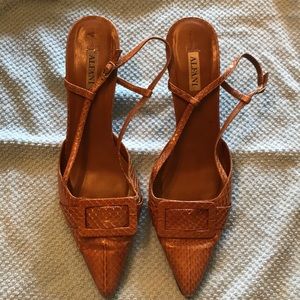 Alfani “snake skin” tan sling backs